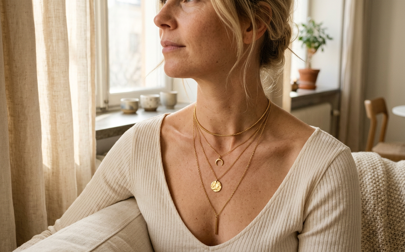 Lagerlagda guldhalsband i varmt dagsljus