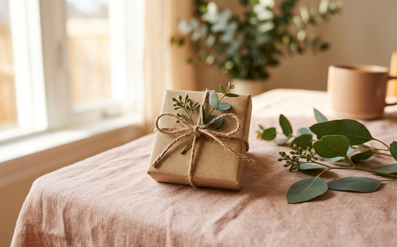Smyckespresent i kraftpapper med eukalyptus