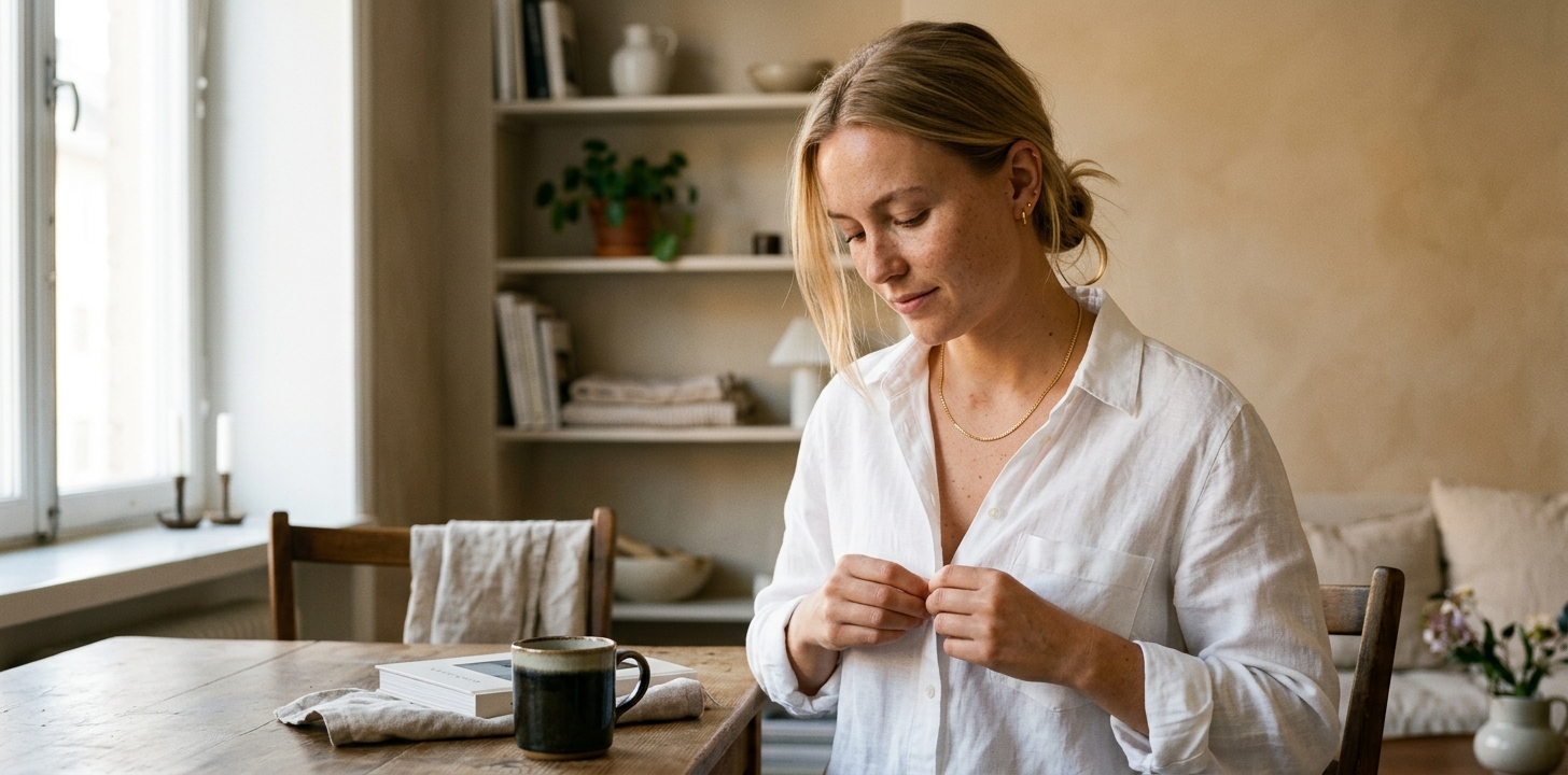 Kvinna som justerar ett guld halsband framför spegel