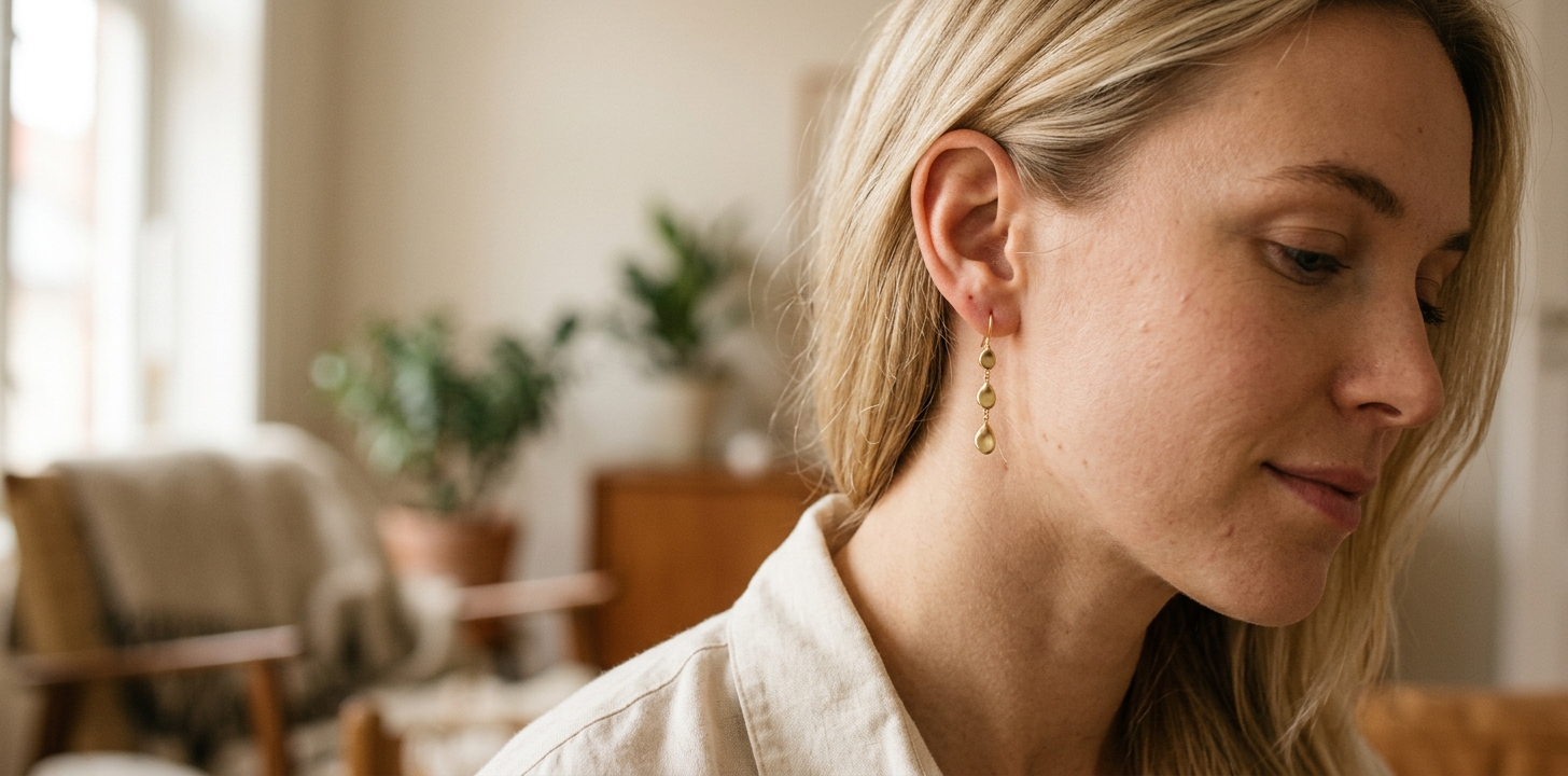 Kvinna med guld drop-örhängen i profil, skandinavisk lägenhetsmiljö