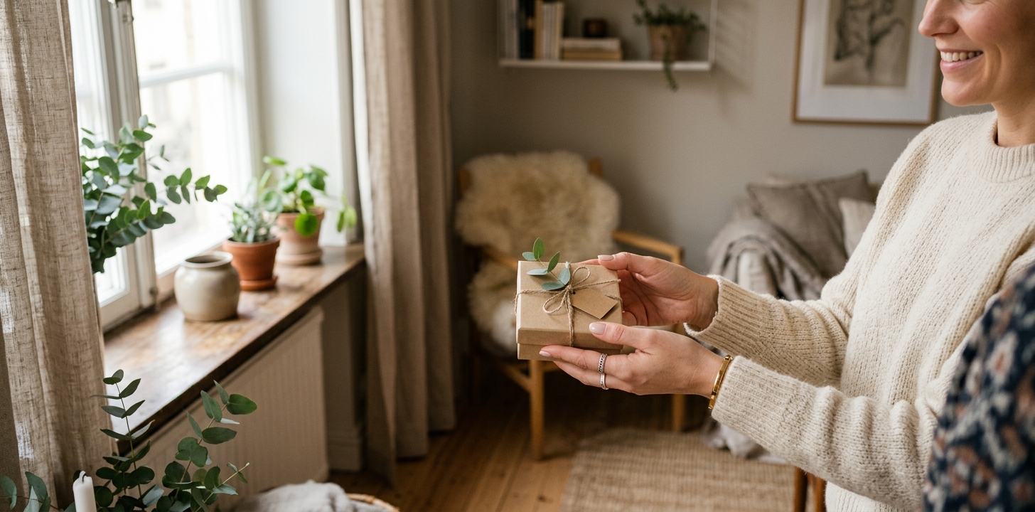 Smyckespresent inlindad i kraftpapper med tvinnat snöre