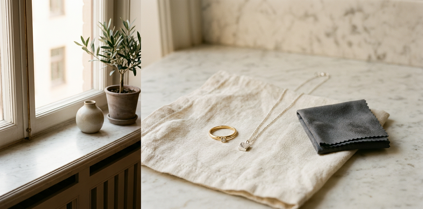 Guldhalsband och ring på linnetyg bredvid polerduk på marmoryta