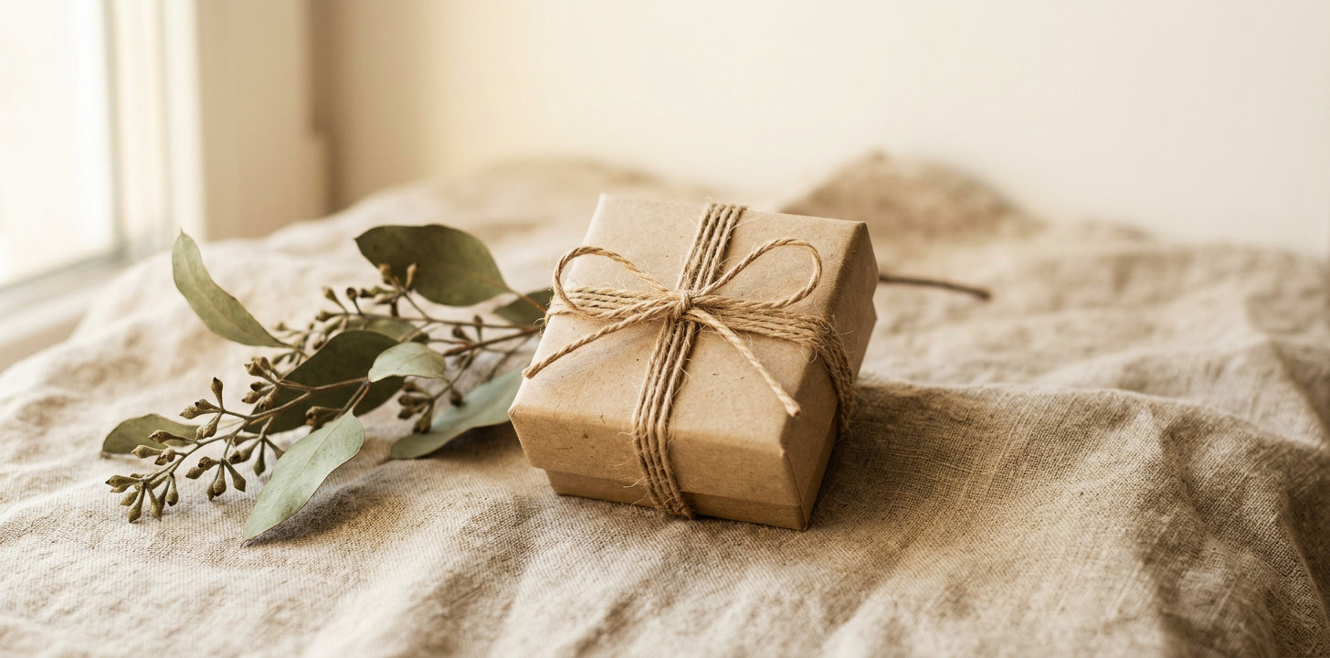 Liten smyckespresentask inlindad i kraftpapper med eukalyptuskvist på linnetyg