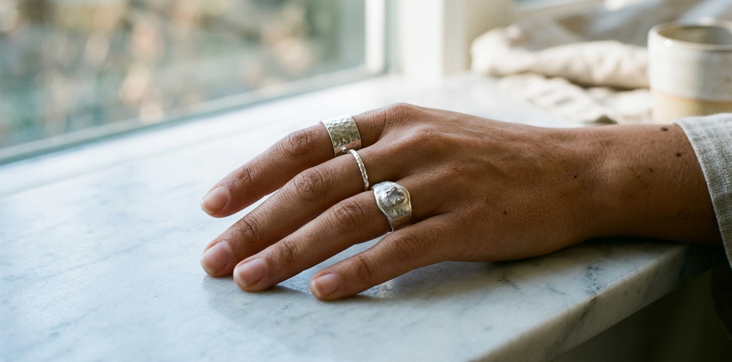 Tre silverringar på olika fingrar på en naturlig marmoryta i dagsljus